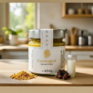 Hochwertiger Bienengold Honig aus deutschem Blütenhonig, veredelt mit Blütenpollen, Propolis und Gelée Royale. Regional & handgemacht.