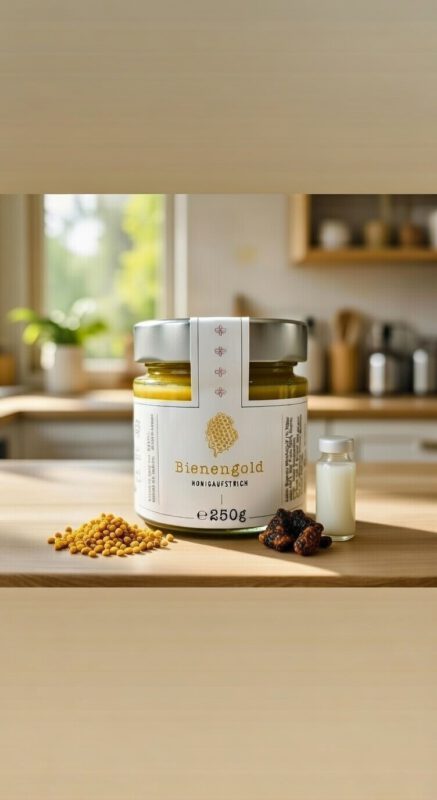 Hochwertiger Bienengold Honig aus deutschem Blütenhonig, veredelt mit Blütenpollen, Propolis und Gelée Royale. Regional & handgemacht.